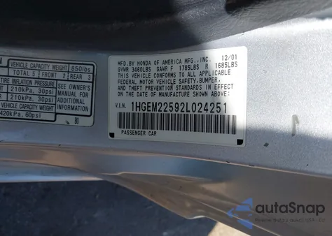 2002 Honda Civic Lx z USA, uszkodzony, nr VIN 1HGEM22592L024251